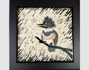 Hand Carved Art Tile of a Belted Kingfisher for the Bird Lover,  Sgraffito Wall Art makes a great gift.