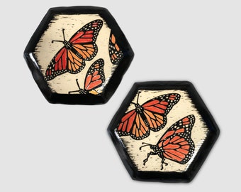 Hand painted Monarch Butterflies, 3D hexagonal ceramic wall tiles, choose from two views.