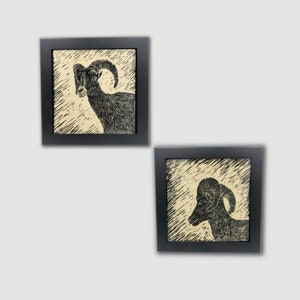 May include: Two framed black and white linocut prints of bighorn sheep with a cream background. The sheep are facing to the right and have large horns.
