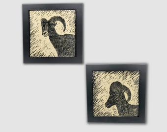 Sgraffito Carved Big Horn Sheep Art Tile - Framed Desert Decor