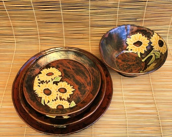 Build your own dinnerware set of slabbuilt ceramic plates, bowls & mugs with assorted sunflowers and shiny - so shiny - copper glaze