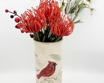 Simple ceramic vase with Cardinal, Pine boughs, Leaves and Snowflakes