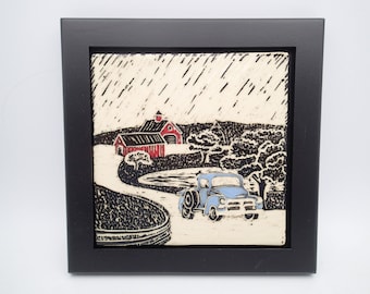 Sgraffito Ceramic Tile Art: Old Chevy Truck, Red Barn Farmhouse Decor