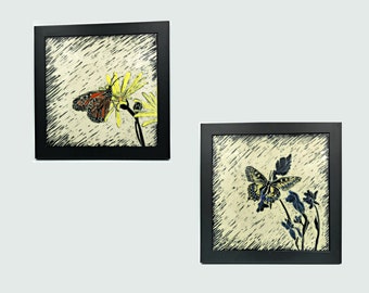 Hand Carved Butterfly Ceramic Tile Art: Sgraffito Framed Wall Decor