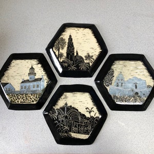 San Diego buildings, hand carved, 3D hexagonal ceramic wall tiles,Pt Loma lighthouse. San Diego mission, botanic building,