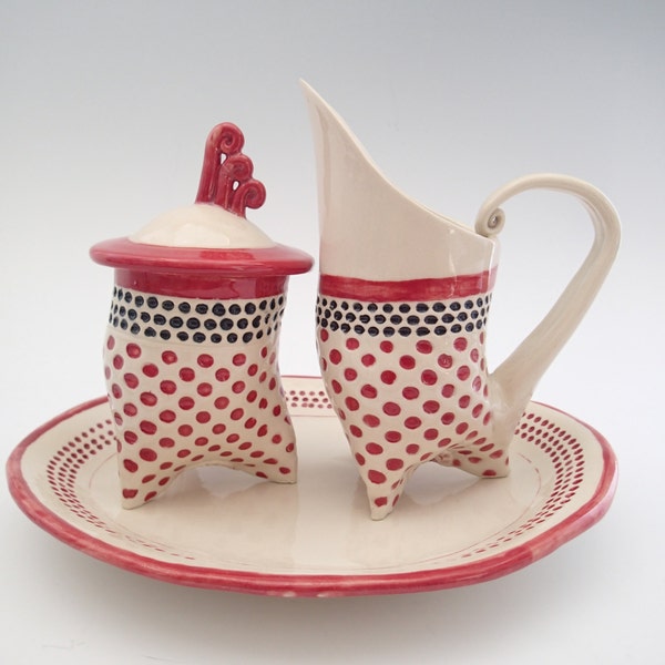 Sugar & Creamer Set with Tray in Red Polka Dots and Tri-foot Style