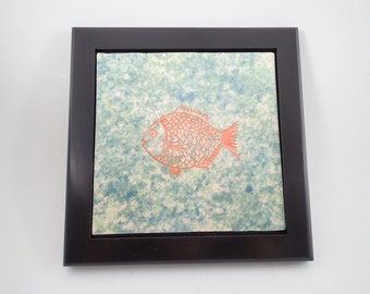Hand Painted Ceramic Tile Art: Stenciled Fish, Black Frame
