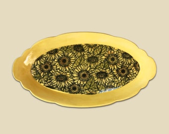 Large oval handmade sunflower pottery platter with fancy edge, yellow stoneware serving plate