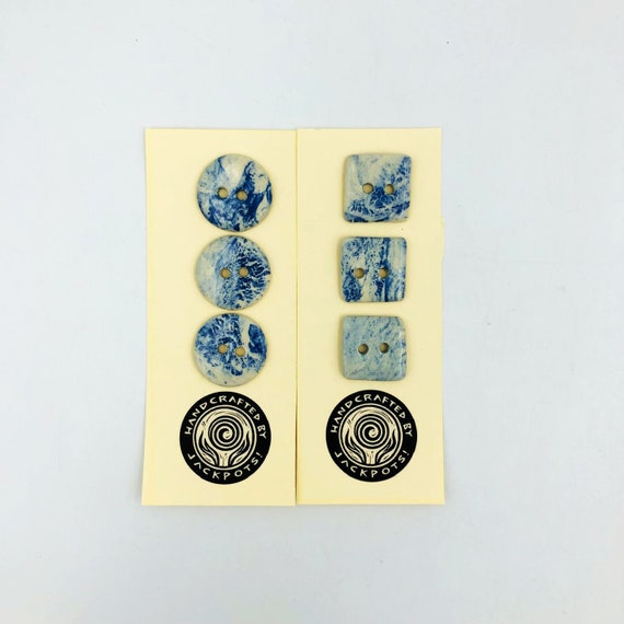 Handmade Marbled Stoneware Buttons: Blue & White Ceramic, Set of 3