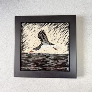 Hand Carved Avian Art Tile with Skimmer. Framed Art Tile for the Bird Lover, Bird Watcher Art, Framed Sgraffito Wall Tile