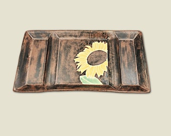 Handmade Pottery Plate: Copper Sunflower Divided Serving Tray