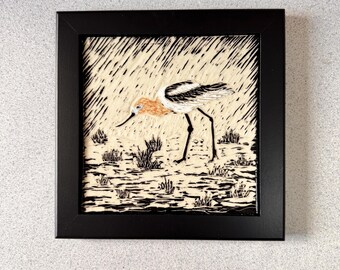 American Avocet Art Tile: Sgraffito Carved, Framed Bird Wall Decor