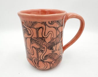 Handmade ceramic coffee or tea cup with Coral Flamingo print, Slab-built Stoneware Pottery