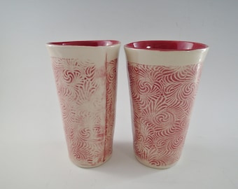 Handmade Ceramic Tumbler: Textured Red Swirl Design