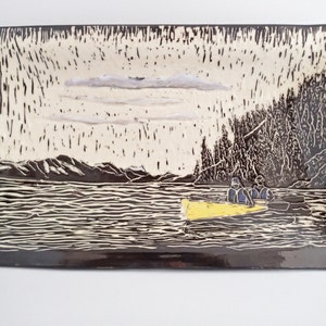 Ceramic Wall Art with Kayak on a Lake, Ready to Ship, Sgraffito Carved Stoneware Platter, Housewarming gift - Lake House Art