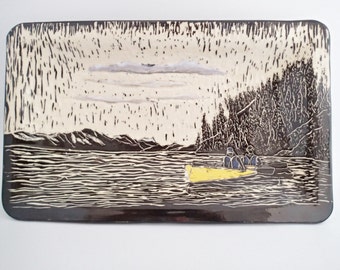 Sgraffito Ceramic Wall Art: Kayak on Lake, Stoneware Platter