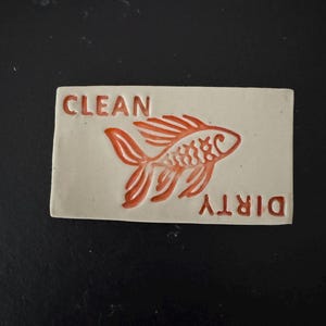 Dirty or Clean Dishes Kitchen Magnet - non-scratching backing, Fish imagery. Approx 1.5" x 3"