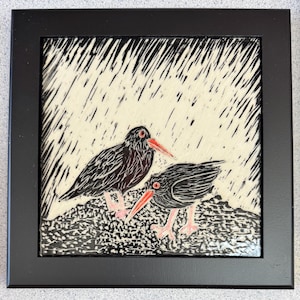 Hand Carved Sgraffito Tile Oyster Catchers, Framed Bird Art, Bird Lover Gift