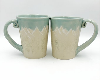 Handmade mug for nature lovers, Icy colors create an illusion of Winter in the mountain forest