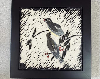 Handmade Framed Ceramic Cedar Waxwing Tile, Sgraffito Bird Art