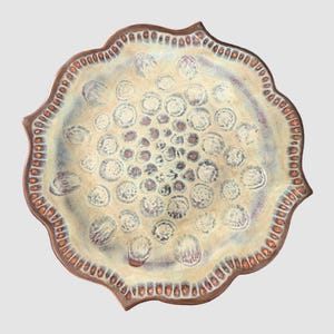Large serving Platter with fancy rim in veriegated blue, brown and green glazes