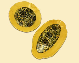 Sunflower pottery plates with fancy edge in 2 shapes,  round snack plate or oval plate perfect for corn on the cob or banana split