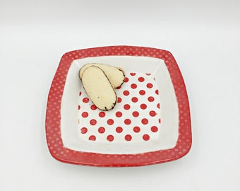 Handmade Red Polka Dot Ceramic Dish  -  dessert plate, lunch or salad dish