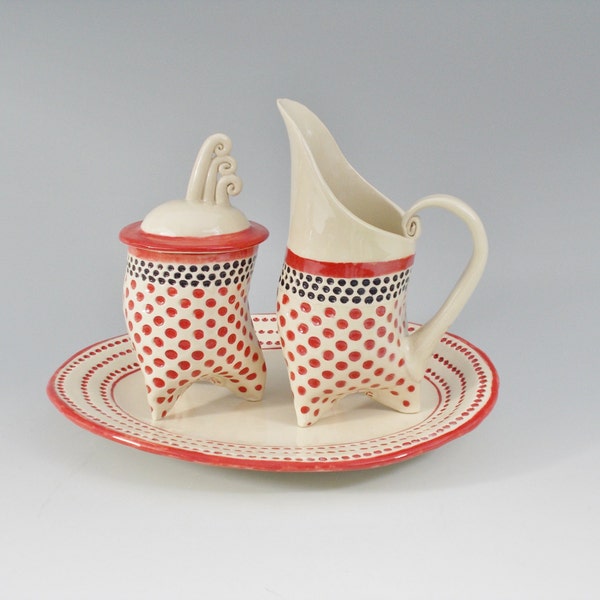 CS, Retro sugar bowl and cream pitcher with serving tray in Red Polka Dots, ceramic coffee set, tripod pottery set, CS