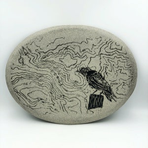 Granite Wall Hanging: Silkscreened Topo Map & Corvid Art