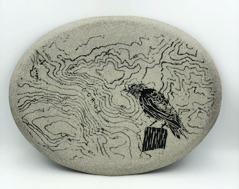 Granite Wall Hanging: Silkscreened Topo Map & Corvid Art