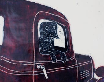 Sgraffito Art Tile: Dog in Truck, Ranch House Decor