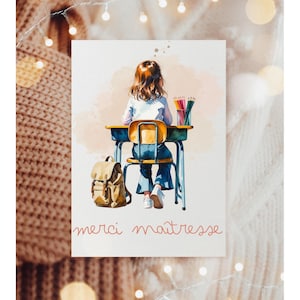 Merci maîtresse petite fille, remerciement école, fin d'année, fin d'école, enseignante, instituteur, carte digitale, carte à télécharger