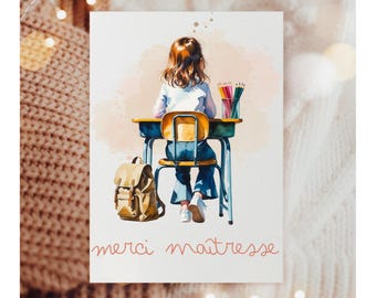 Bedankt juf, klein meisje, bedankt school, einde van het jaar, einde van het schooljaar, leraar, schoolmeester, digitale kaart, kaart om te downloaden