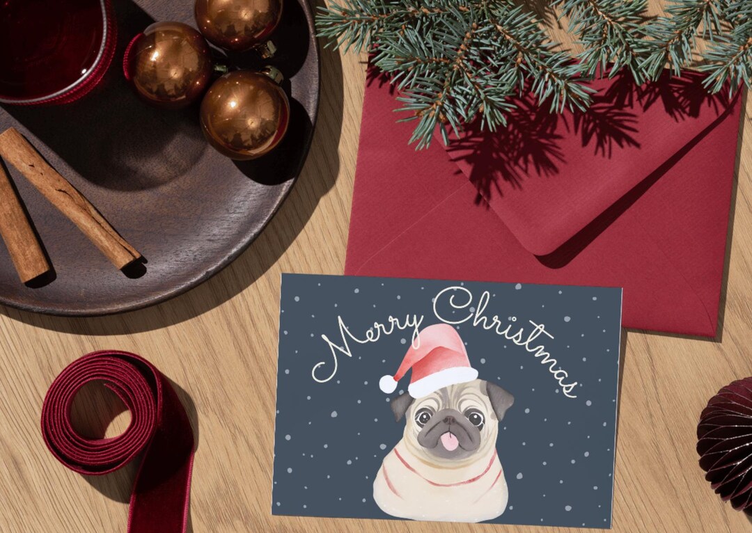 Merry Christmas Card / Pug Dog / Holiday Card / Traditional Christmas ...