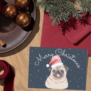 Carte Joyeux Noël/ Chien Carlin/ Carte vacances / Noël traditionnel / Noël rustique/Carte de noël digitale / Carte imprimable / Carte e-mail