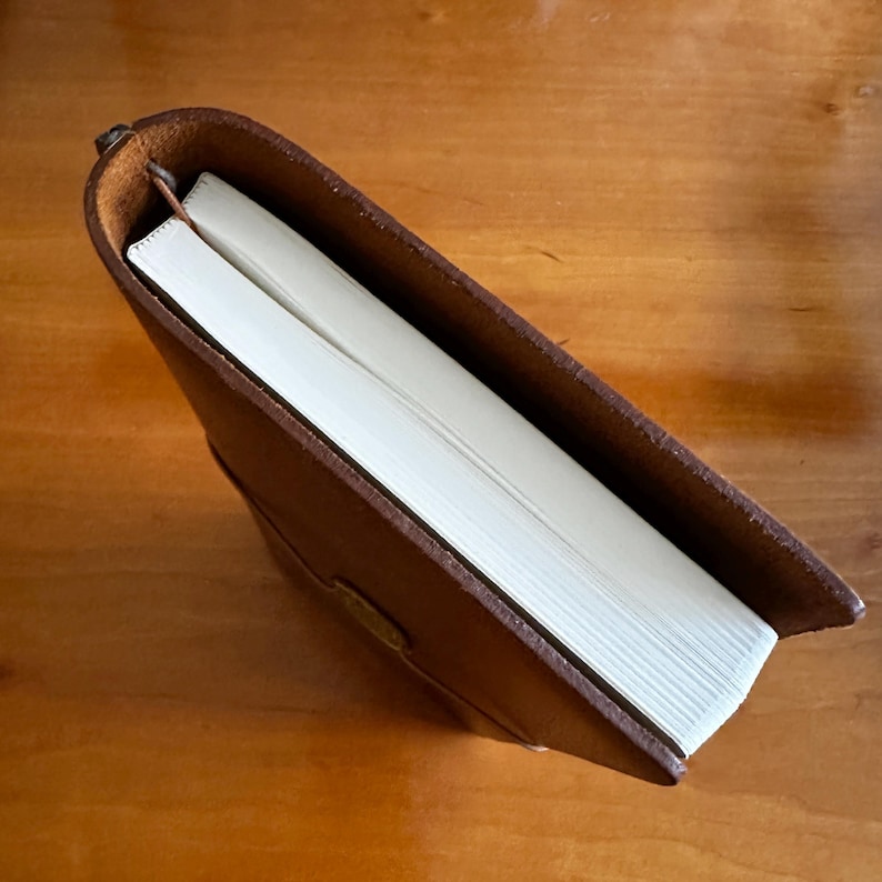 May include: A brown leather-bound journal with a white bookmark. The journal is closed and the spine is visible.