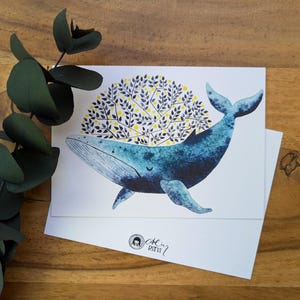 Baleine Zen - aquarelle peinte à la main | Impression d’art A6 sur papier 100 % coton le plus fin