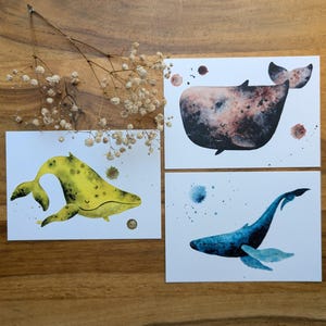 Baleines - aquarelle peinte à la main | Ensemble de 3 tirages Fine Art A6 sur papier coton 100 % le plus fin | Baleine bleue cachalot