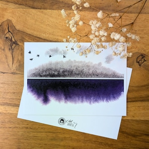 Orizzonte viola dipinto a mano con acquerello | Stampa Fine Art A6 su carta di cotone pregiato al 100%