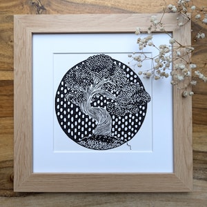 Stampa linoleografica fatta a mano Albero della Vita | Carta di cotone con passepartout | Quadrato 20 x 20 cm | Motivo rotondo Zen Nature fatto a mano