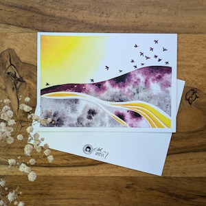 Ambiance joyeuse - aquarelle peinte à la main | Impression d’art A6 sur papier 100 % coton le plus fin