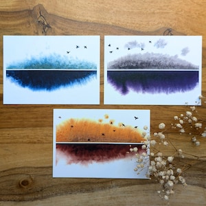 Set di 3 paesaggi mistici dipinti a mano con acquerelli | Stampe artistiche formato A6 su carta 100% cotone pregiato
