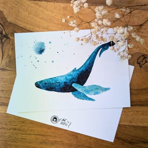 Balena da sogno - dipinto a mano ad acquerello | Stampa fine art A6 su carta di cotone finissima al 100%.