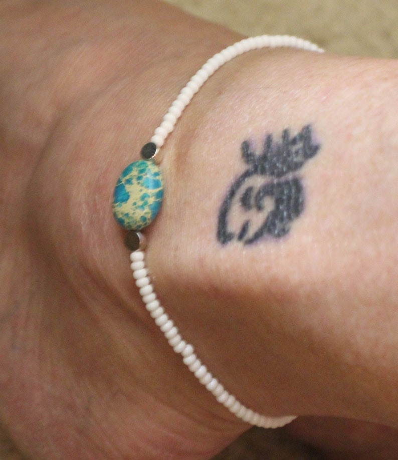 Blue Turquoise Anklet HandmadeWhite Seed Bead Ankle BraceletBody JewelryBlue Gemstone Bracelet AnkleGift For HerWhite And BlueBeaded