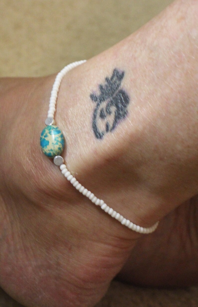 Blue Turquoise Anklet HandmadeWhite Seed Bead Ankle BraceletBody JewelryBlue Gemstone Bracelet AnkleGift For HerWhite And BlueBeaded