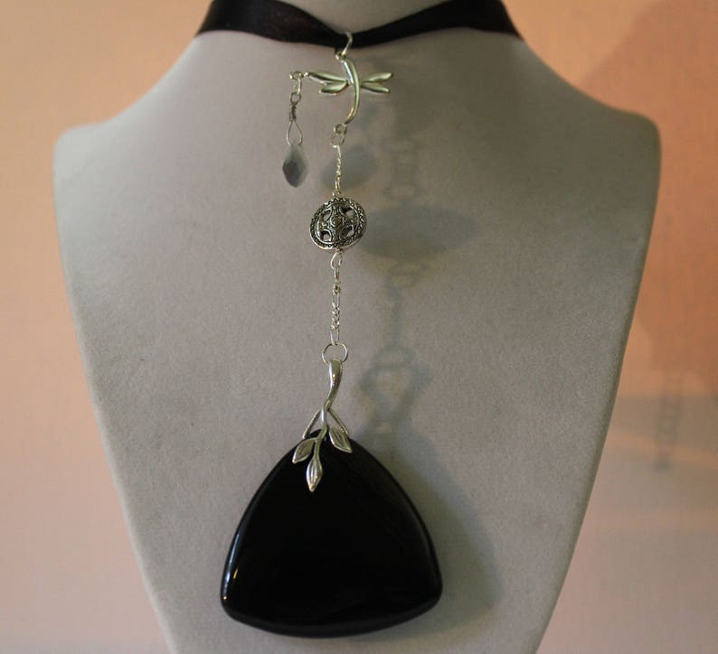 Black Agate Choker NecklaceFree ShippingSilver And Black ChokerSilver Dragonfly NecklaceBlack Gemstone ChokerFor WomenRibbon Chokers
