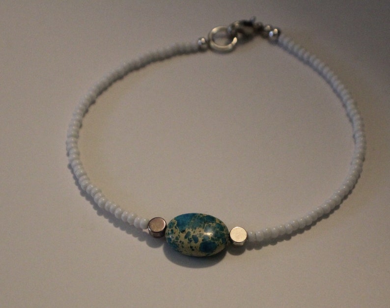 Blue Turquoise Anklet HandmadeWhite Seed Bead Ankle BraceletBody JewelryBlue Gemstone Bracelet AnkleGift For HerWhite And BlueBeaded