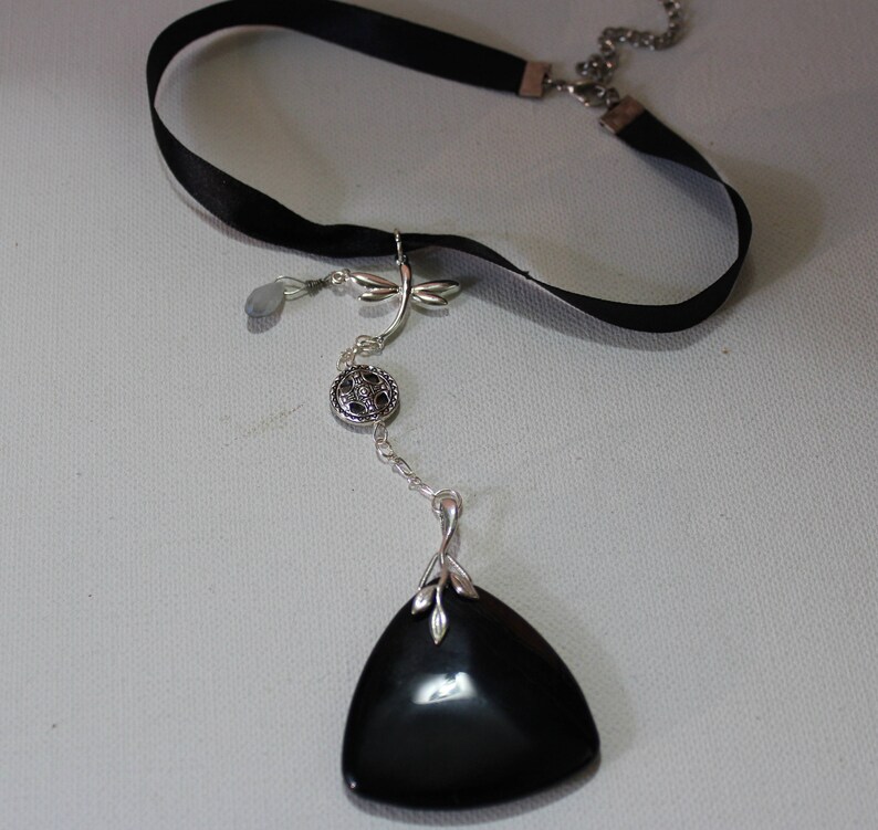 Black Agate Choker NecklaceFree ShippingSilver And Black ChokerSilver Dragonfly NecklaceBlack Gemstone ChokerFor WomenRibbon Chokers