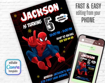 Spiderman birthday invitation, comics superhero invite, printable editable spidey party invite template, spider-man digital template