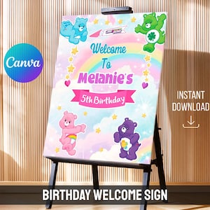 Cartello di benvenuto per il compleanno degli Orsetti del Cuore, benvenuti, poster stampabile dell'orsetto, download immediato, modello di invito di compleanno modificabile